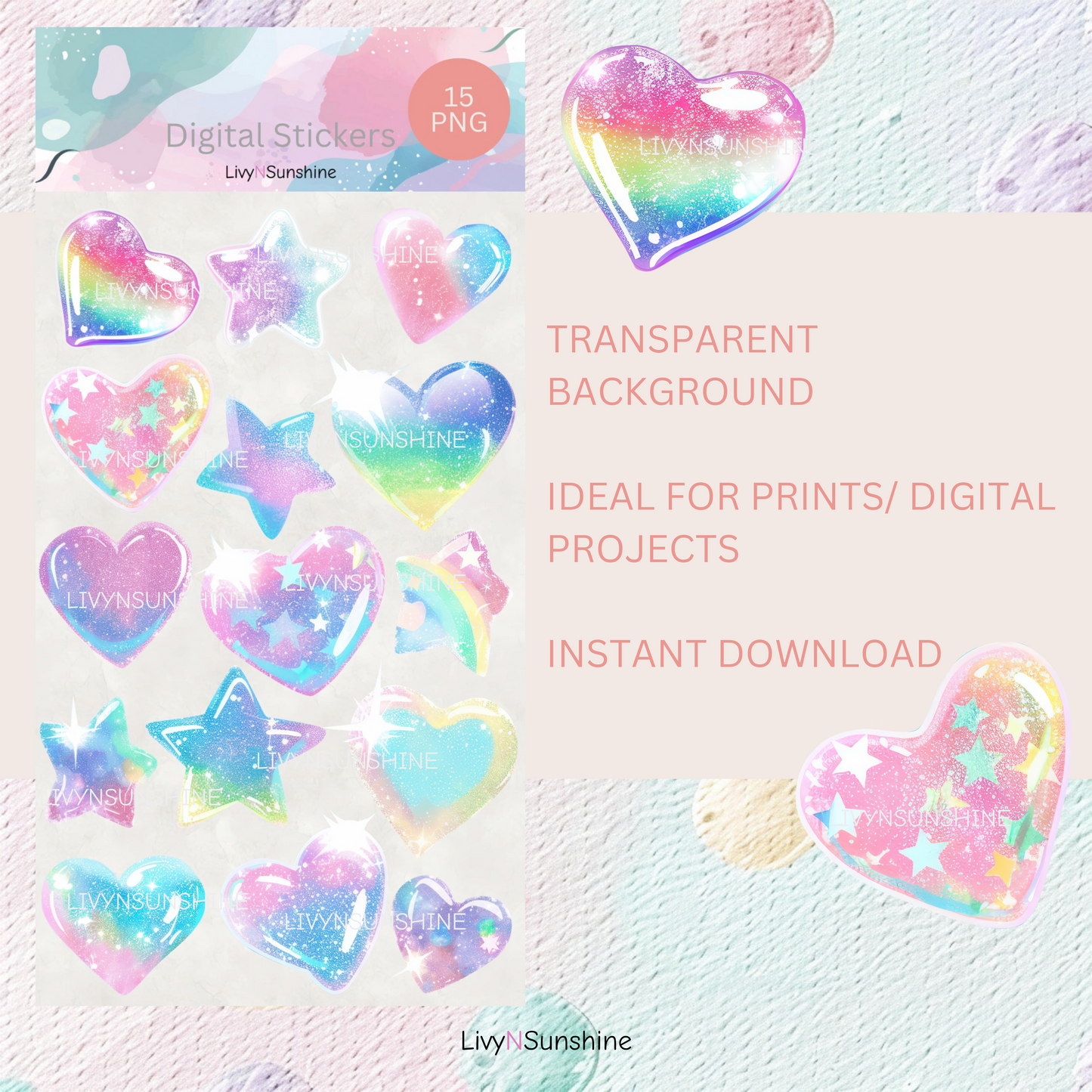 15 Glitter Hearts and Stars Digital Stickers - 15 PNG Files & Goodnotes - High-Resolution for Digital Planners, Journals, and Scrapbooking