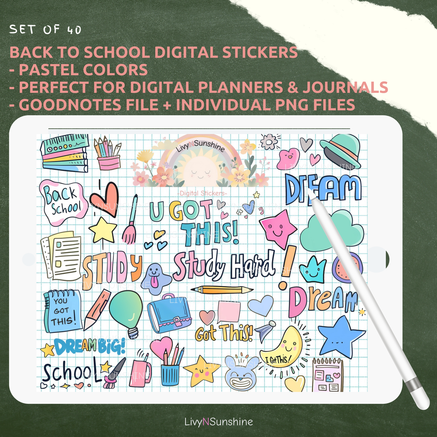 Set of 40 Back to School Digital Stickers - PNG & Goodnotes Files - Perfect for Planners and Journals