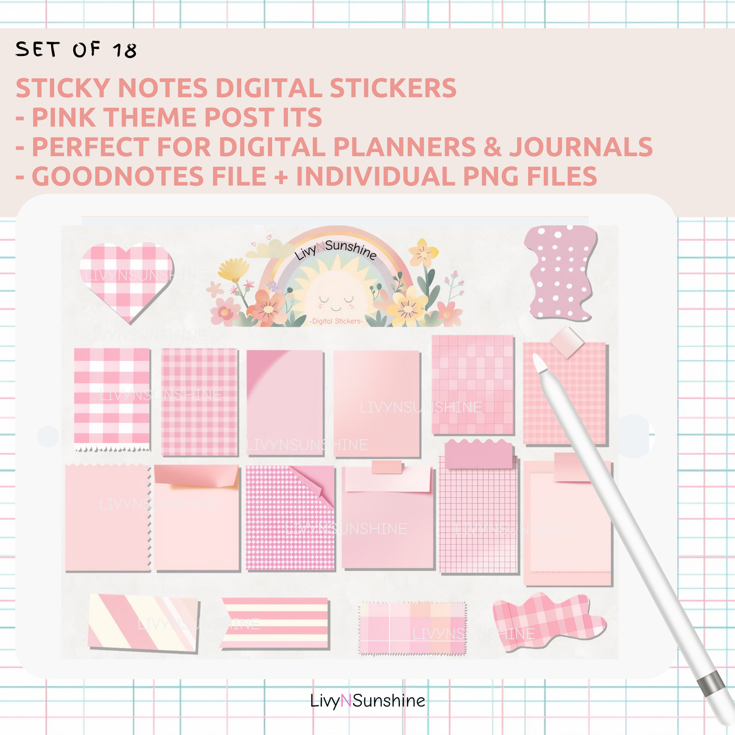 Set of 18 Pastel Pink Digital Post-its - Cute and Functional Sticky Notes for Digital Planners & Journals - PNG and Goodnotes