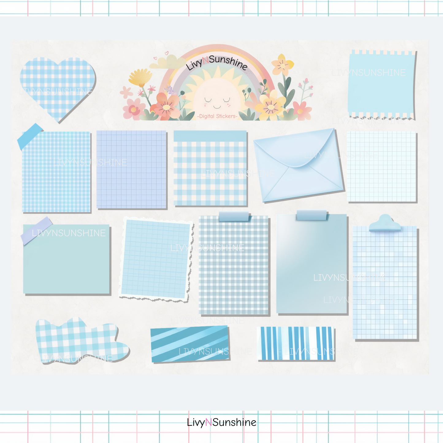 Set of 15 Pastel Blue Digital Post-its - Cute and Functional Sticky Notes for Digital Planners & Journals - PNG and Goodnotes