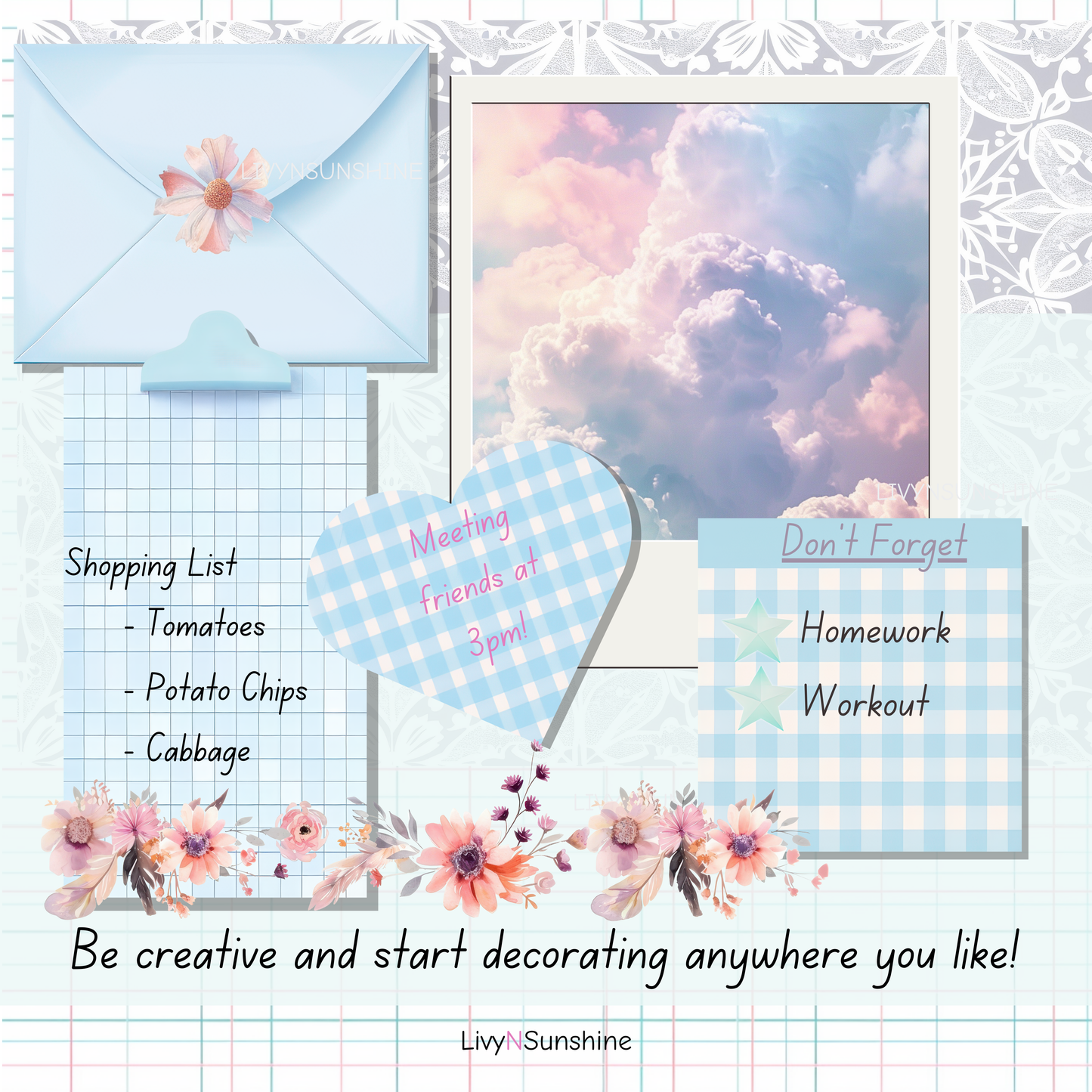 Set of 15 Pastel Blue Digital Post-its - Cute and Functional Sticky Notes for Digital Planners & Journals - PNG and Goodnotes