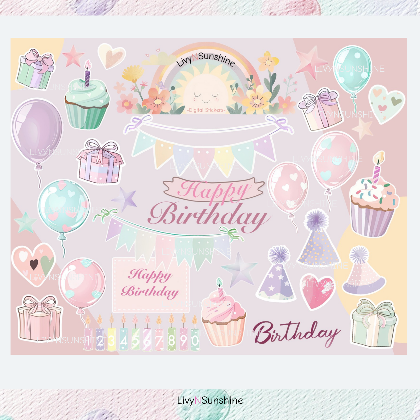44 Happy Birthday Cute Pastel Digital Stickers for Digital Planners and Journals - PNG & Goodnotes