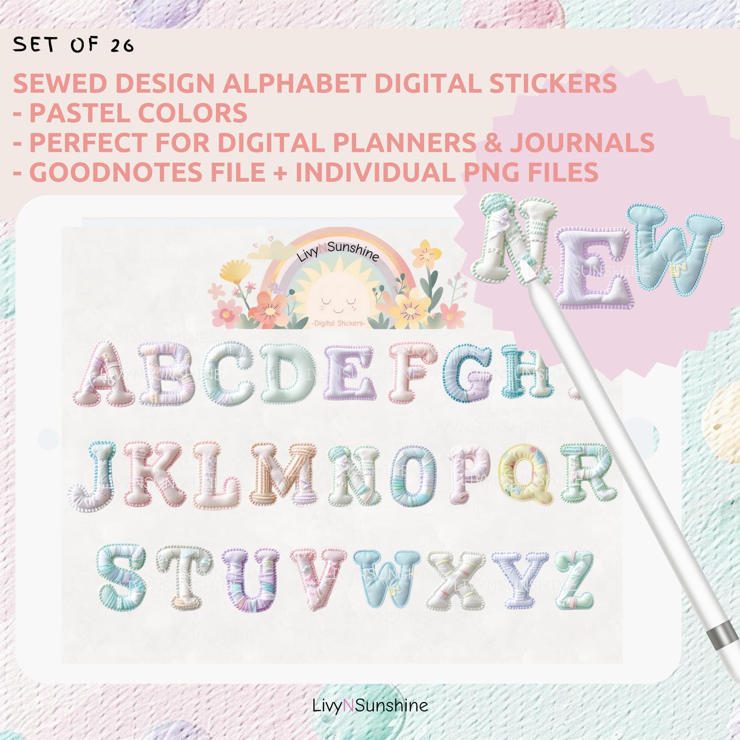 A-Z Sewed Design Alphabet Digital Stickers for Digital Planners & Journals - PNG & Goodnotes