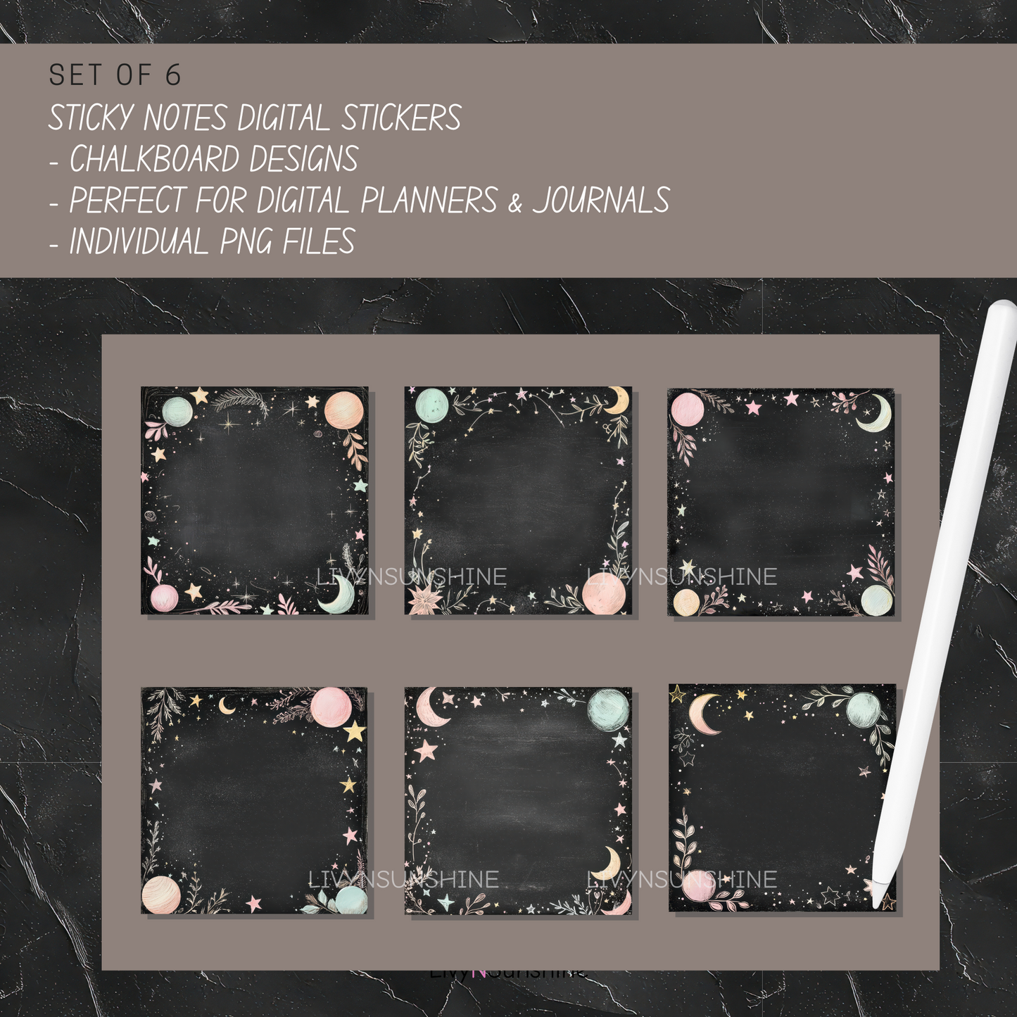 Set of 6 Chalkboard Digital Sticky Notes - Pastel Stars & Moon Designs for Journals - PNG Only