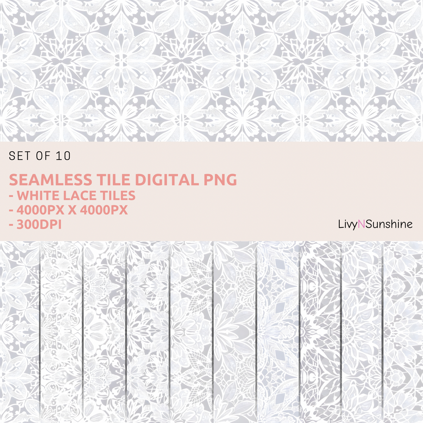 Set of 10 Digital White Lace Tiles - Elegant Floral Patterns