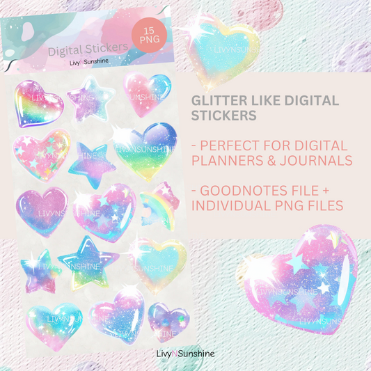 15 Glitter Hearts and Stars Digital Stickers - 15 PNG Files & Goodnotes - High-Resolution for Digital Planners, Journals, and Scrapbooking