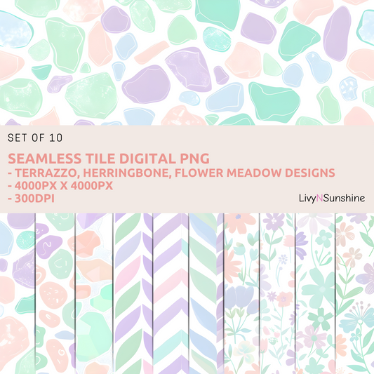 Set of 10 Seamless Tiles - Herringbone, Flower Meadow, and Terrazzo Designs