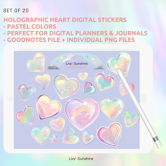 Set of 20 Holographic Heart Digital Stickers - Perfect for Digital Planners & Journals