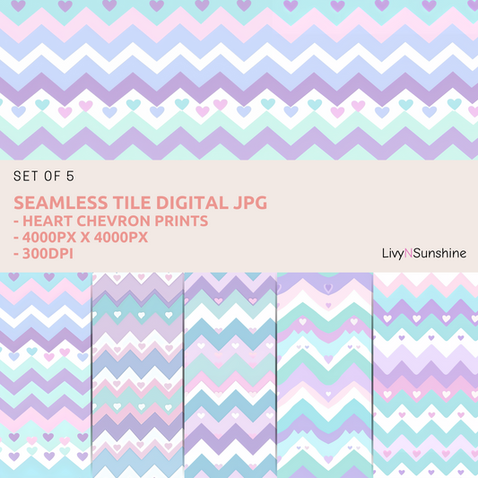Set of 5 Kawaii Chevron Heart Tile Patterns - Seamless Digital Papers for Scrapbooking, Backgrounds