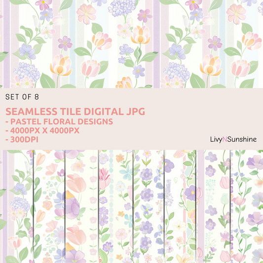 Set of 8 Pastel Floral Prints Seamless Tiles - Perfect for Digital and Print Projects