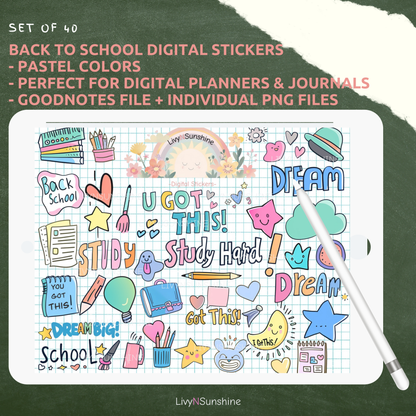 Set of 40 Back to School Digital Stickers - PNG & Goodnotes Files - Perfect for Planners and Journals