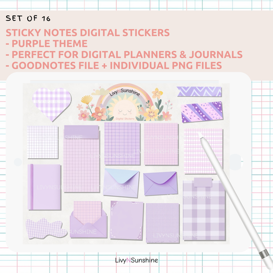 Set of 16 Pastel Purple Digital Post-its - Cute and Functional Sticky Notes for Digital Planners & Journals - PNG and Goodnotes