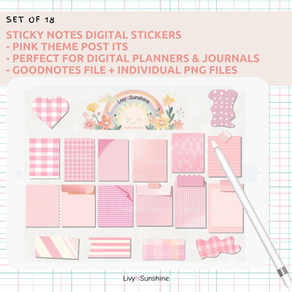 Set of 18 Pastel Pink Digital Post-its - Cute and Functional Sticky Notes for Digital Planners & Journals - PNG and Goodnotes