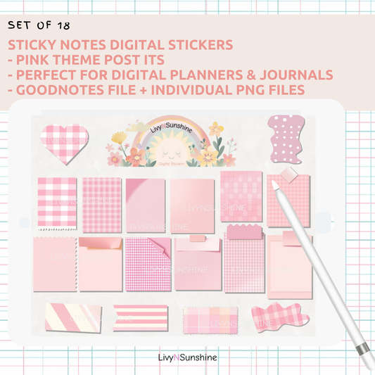 Set of 18 Pastel Pink Digital Post-its - Cute and Functional Sticky Notes for Digital Planners & Journals - PNG and Goodnotes