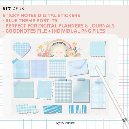 Set of 15 Pastel Blue Digital Post-its - Cute and Functional Sticky Notes for Digital Planners & Journals - PNG and Goodnotes