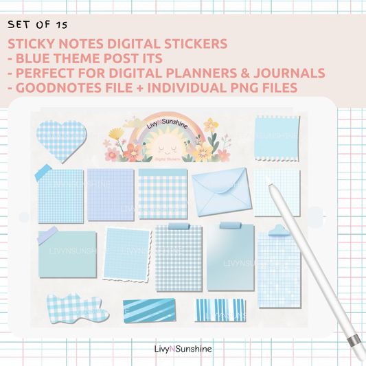 Set of 15 Pastel Blue Digital Post-its - Cute and Functional Sticky Notes for Digital Planners & Journals - PNG and Goodnotes