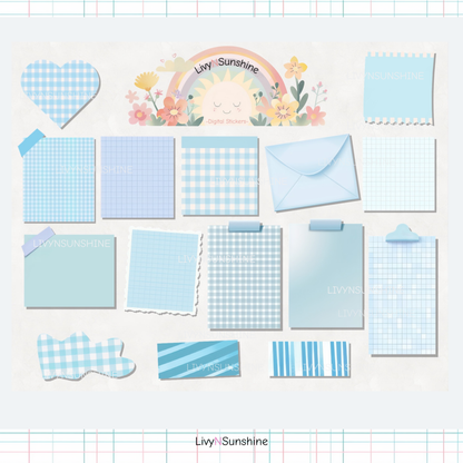 Set of 15 Pastel Blue Digital Post-its - Cute and Functional Sticky Notes for Digital Planners & Journals - PNG and Goodnotes