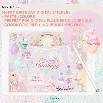 44 Happy Birthday Cute Pastel Digital Stickers for Digital Planners and Journals - PNG & Goodnotes