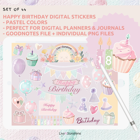 44 Happy Birthday Cute Pastel Digital Stickers for Digital Planners and Journals - PNG & Goodnotes
