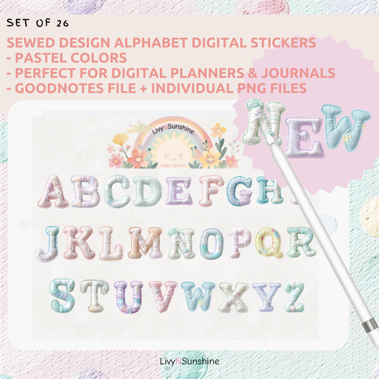 A-Z Sewed Design Alphabet Digital Stickers for Digital Planners & Journals - PNG & Goodnotes