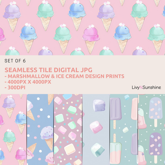 Set of 6 Pastel Marshmallow and Ice Cream Seamless Tiles – 4000px x 4000px 300DPI Digital Paper for Scrapbooking, Planners, & More