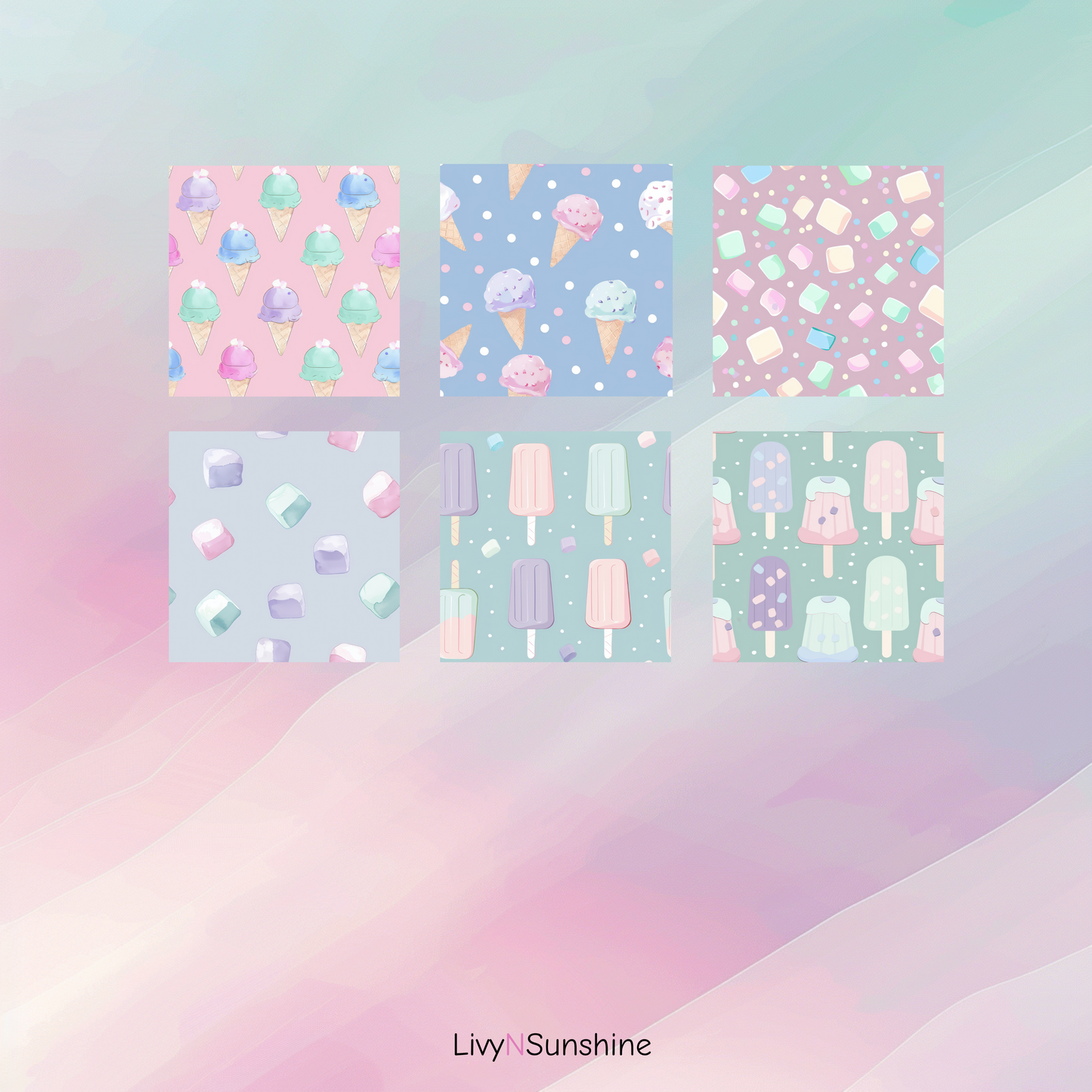 Set of 6 Pastel Marshmallow and Ice Cream Seamless Tiles – 4000px x 4000px 300DPI Digital Paper for Scrapbooking, Planners, & More