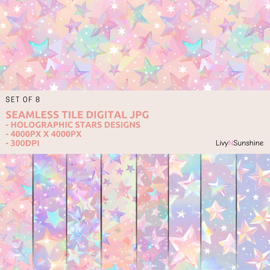 Set of 8 Holographic Stars Seamless Tiles - Ideal for Digital Scrapbooking, Printing, and Design Projects