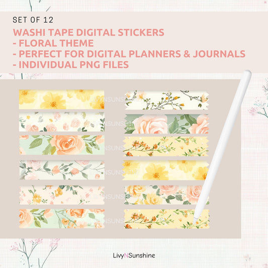 12 Pastel Floral Washi Tape PNG Digital Stickers – Sweet and Delicate Designs for Planners & Scrapbooks
