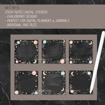 Set of 6 Chalkboard Digital Sticky Notes - Pastel Stars & Moon Designs for Journals - PNG Only