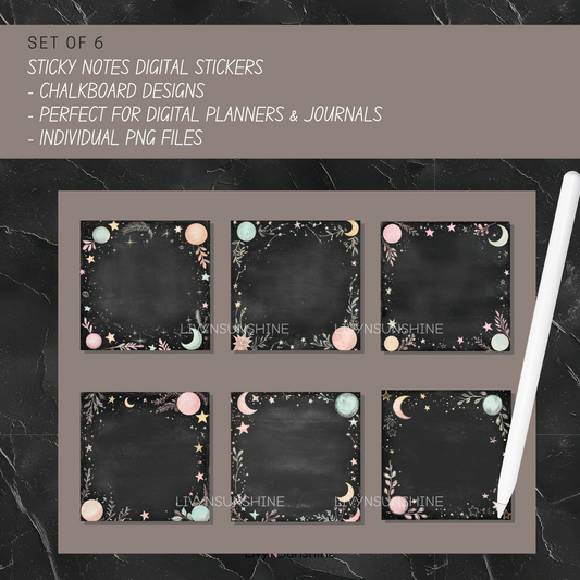 Set of 6 Chalkboard Digital Sticky Notes - Pastel Stars & Moon Designs for Journals - PNG Only