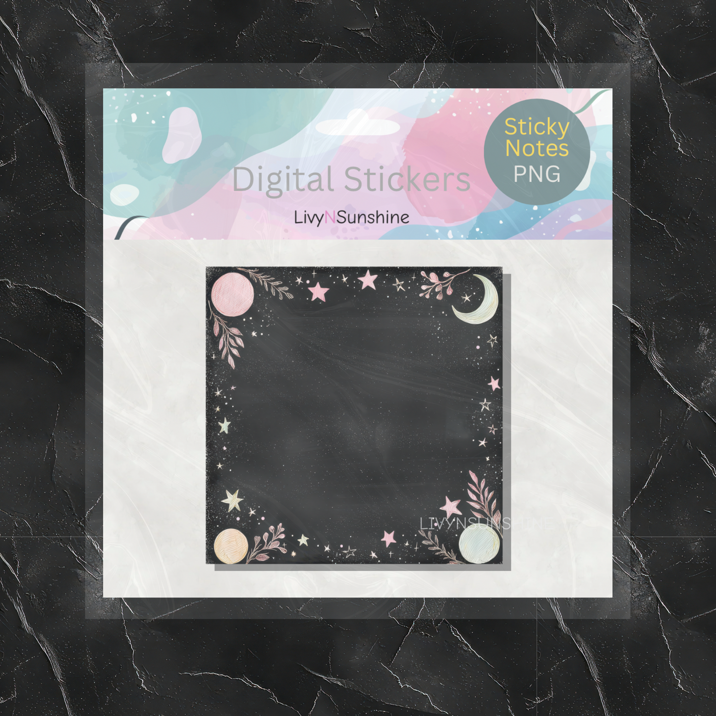 Set of 6 Chalkboard Digital Sticky Notes - Pastel Stars & Moon Designs for Journals - PNG Only