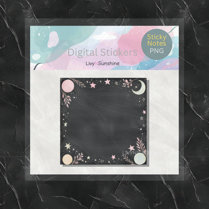 Set of 6 Chalkboard Digital Sticky Notes - Pastel Stars & Moon Designs for Journals - PNG Only