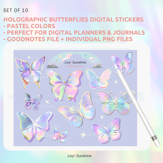 Set of 10 Holographic Butterfly Digital Stickers - High Resolution PNG & Goodnotes Files - Perfect for Planners, Journals, and Scrapbooking
