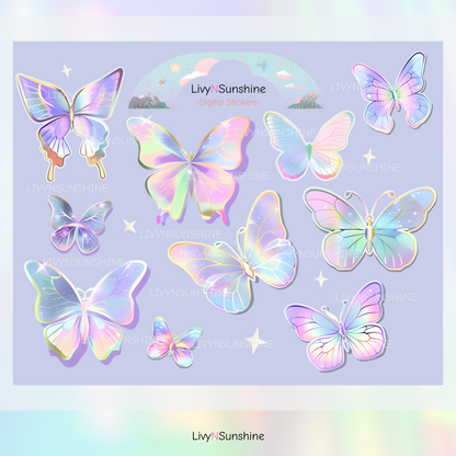 Set of 10 Holographic Butterfly Digital Stickers - High Resolution PNG & Goodnotes Files - Perfect for Planners, Journals, and Scrapbooking